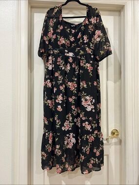 Bloomchic Black Floral Midi Dress with Pink Blossoms